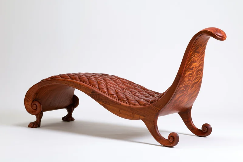 Ornately hand-carved wooden lounge chair with sweeping curved form on white background