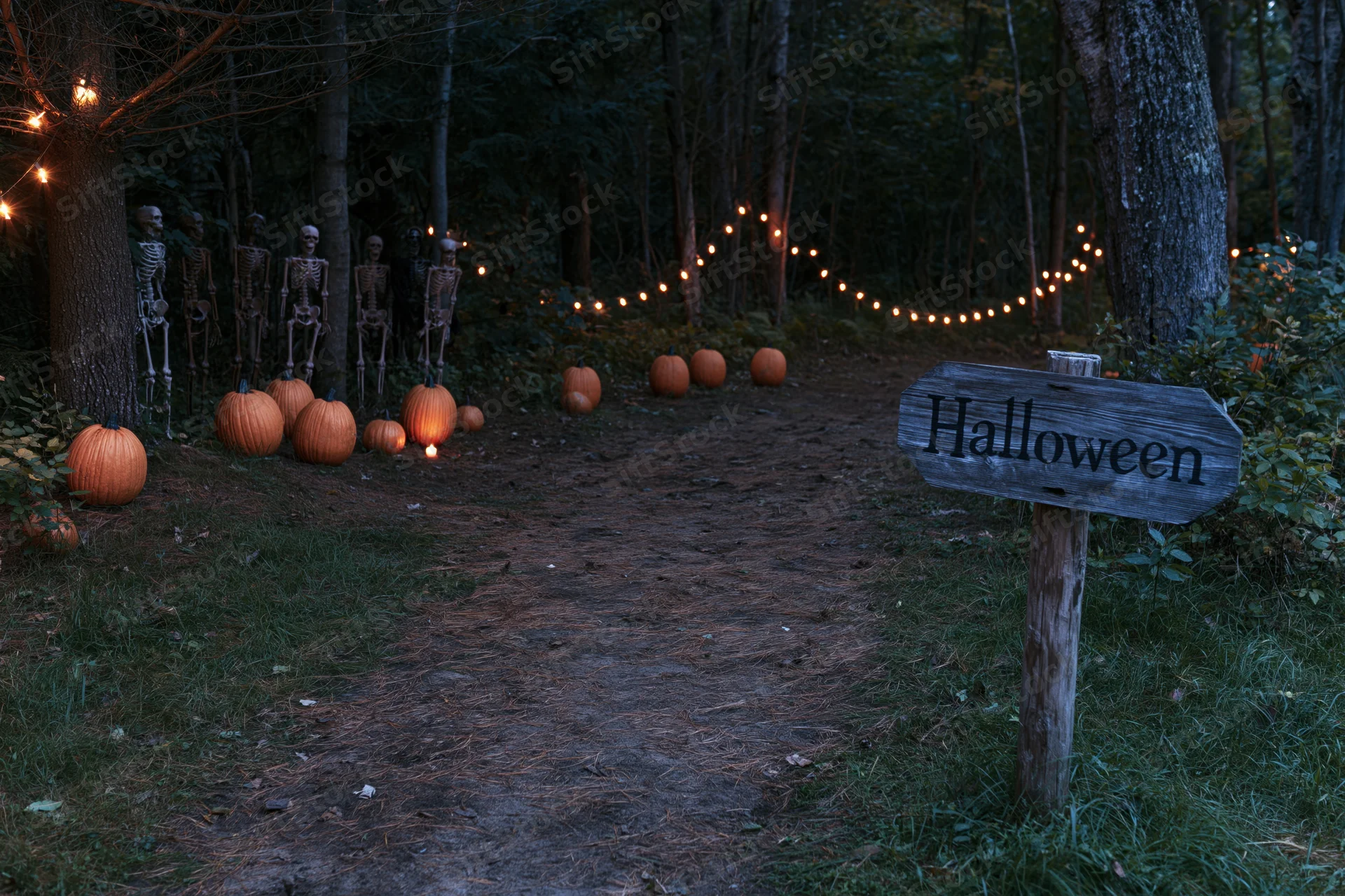 Wooden halloween sign on a dirt path in a dark woodland clearing decorated with pumpkins and skeletons at night