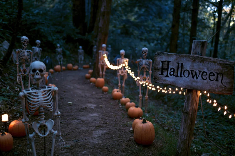 Skeletons and pumpkins lining a dirt path in a dark woodland at night with a wooden Halloween sign and string lights