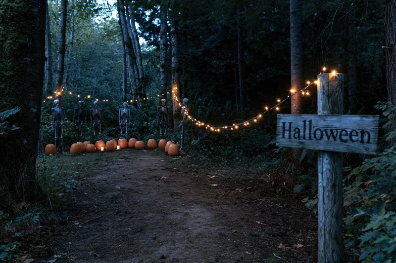 Halloween sign on a wooden post marks a forest path lined with skeletons and pumpkins at twilight