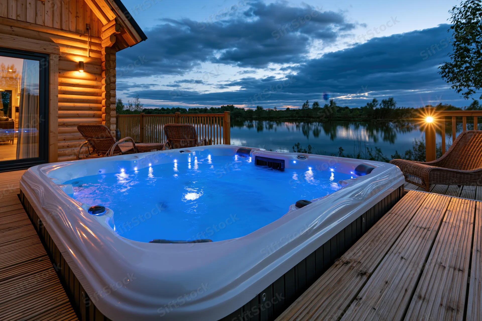 Illuminated hot tub on wooden deck beside lake at twilight
