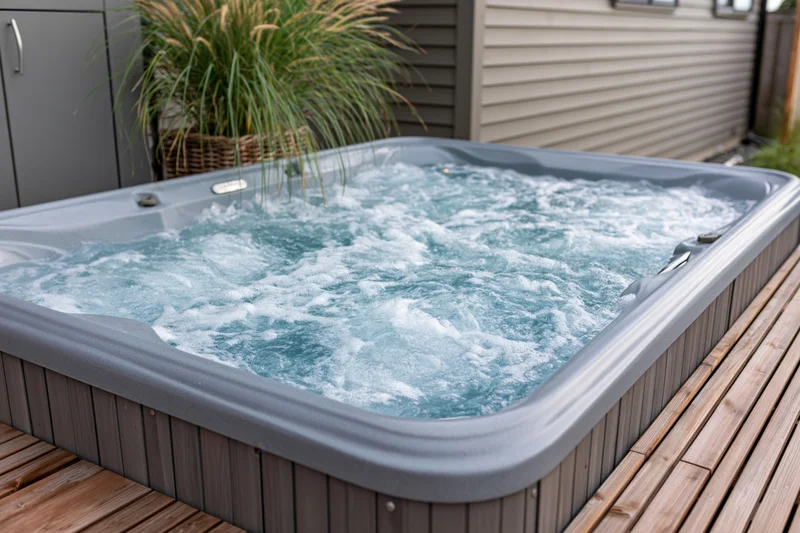 Bubbling hot tub on a wooden deck beside a house with potted plant