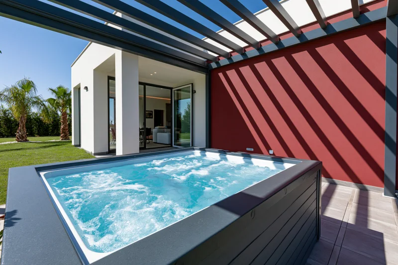 Bubbling hot tub on tiled patio under pergola with red wall and glass door view to interior