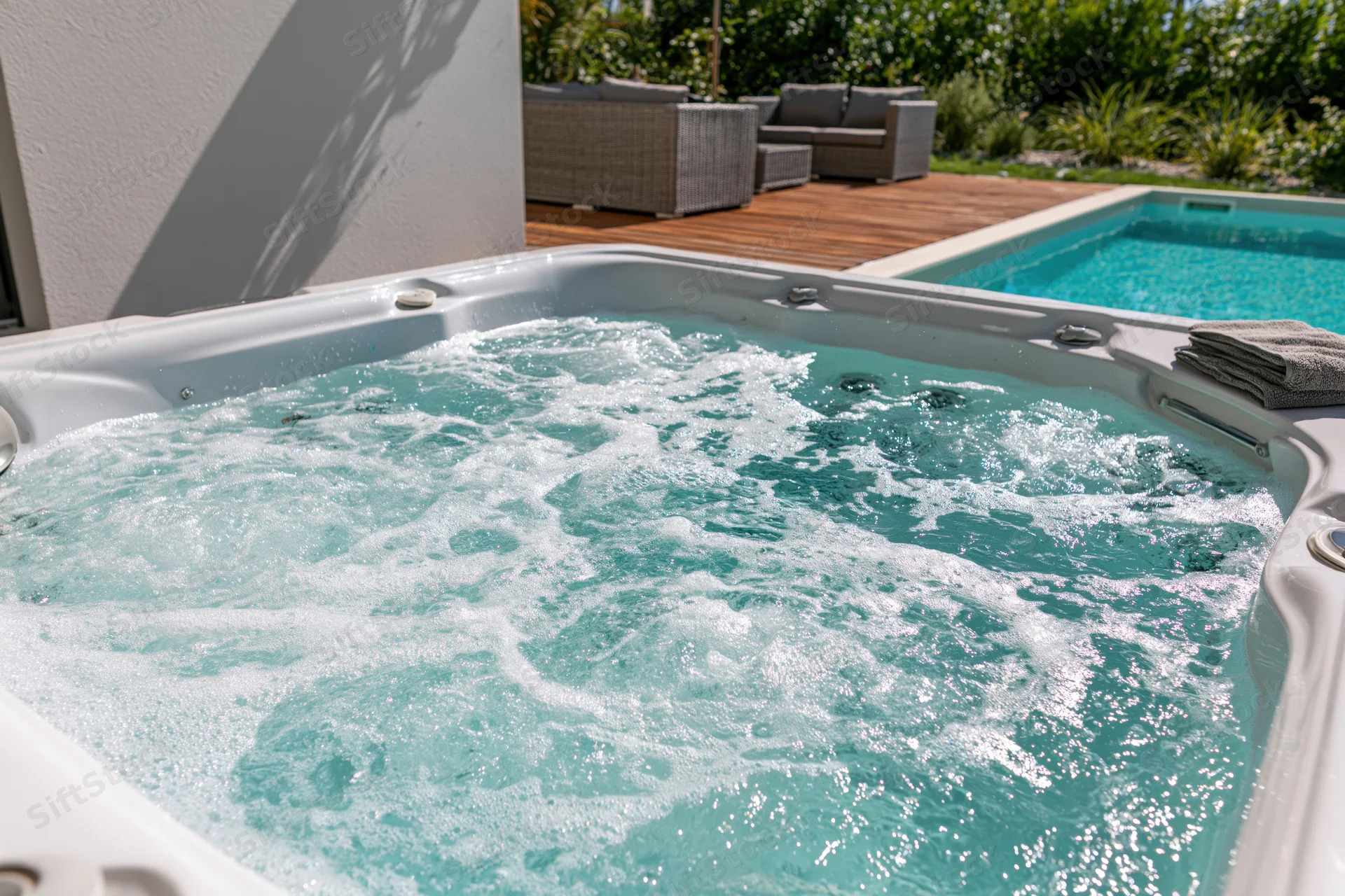 Bubbling turquoise water in an outdoor hot tub beside a swimming pool on a sunny backyard deck