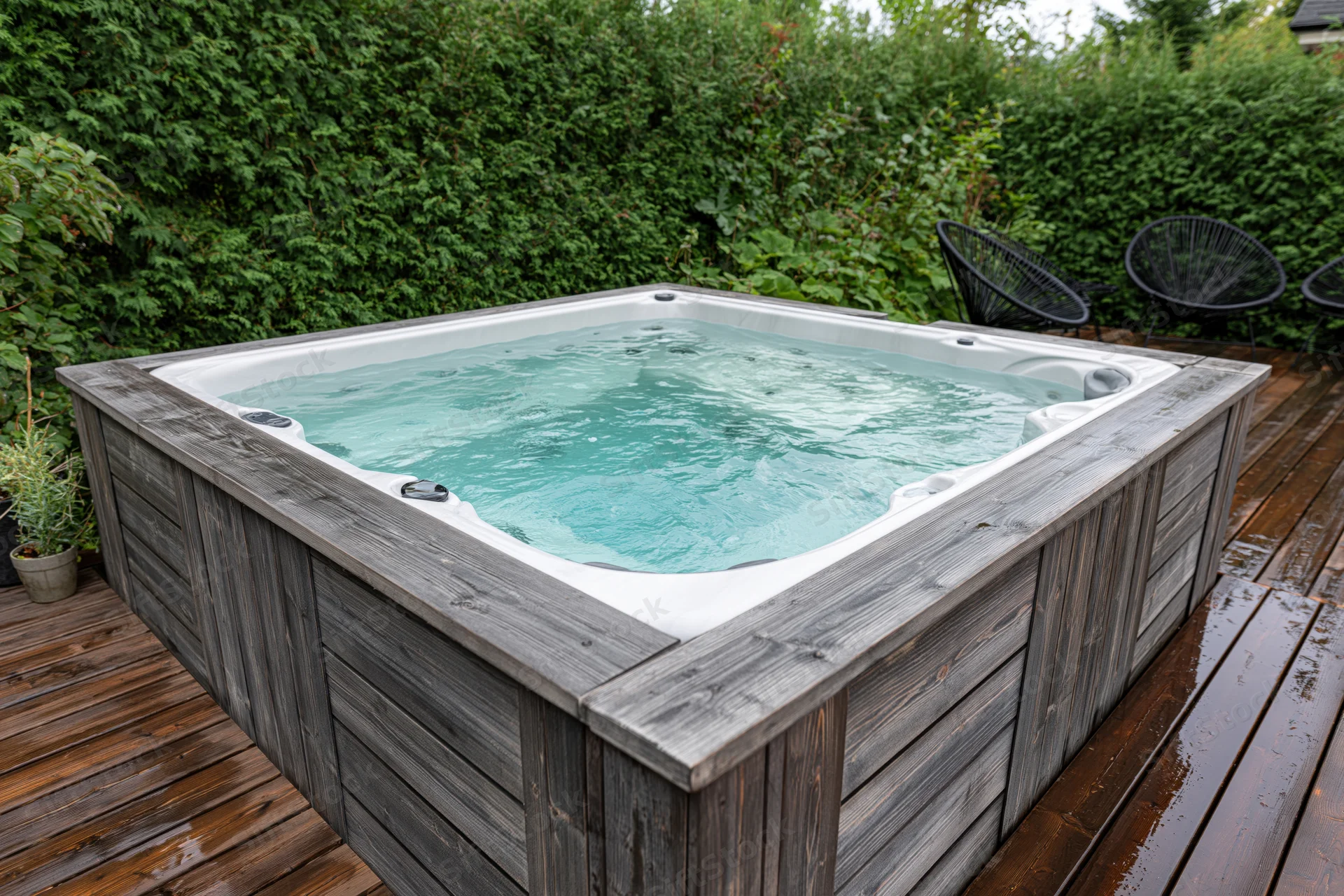 Wooden hot tub with bubbling turquoise water on a wet deck surrounded by green hedge