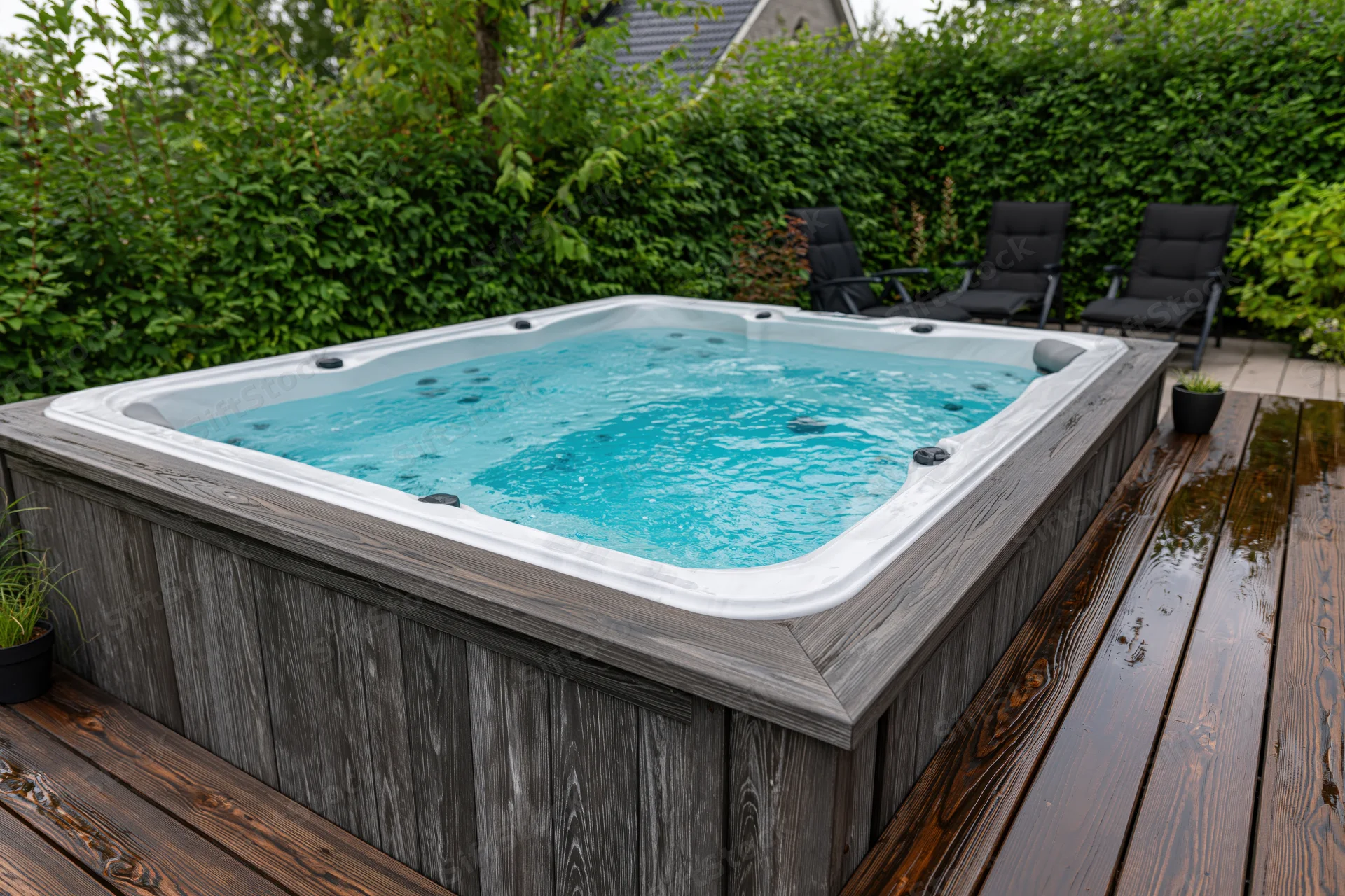 Rectangular hot tub with bubbling blue water on a dark wooden deck surrounded by green hedge and lounge chairs