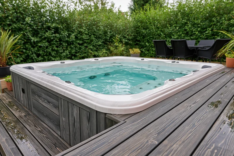 Hot tub with still blue water set into a dark wooden deck in a garden patio area