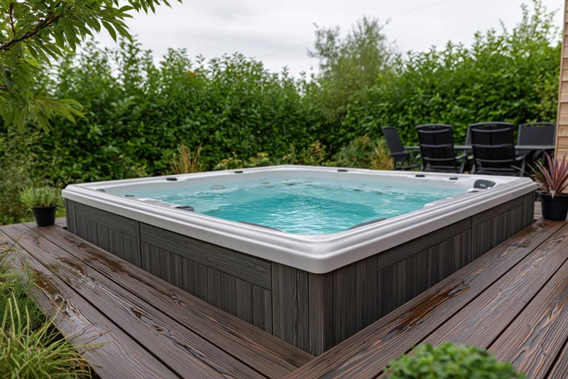Square hot tub with still blue water on dark wooden deck surrounded by greenery