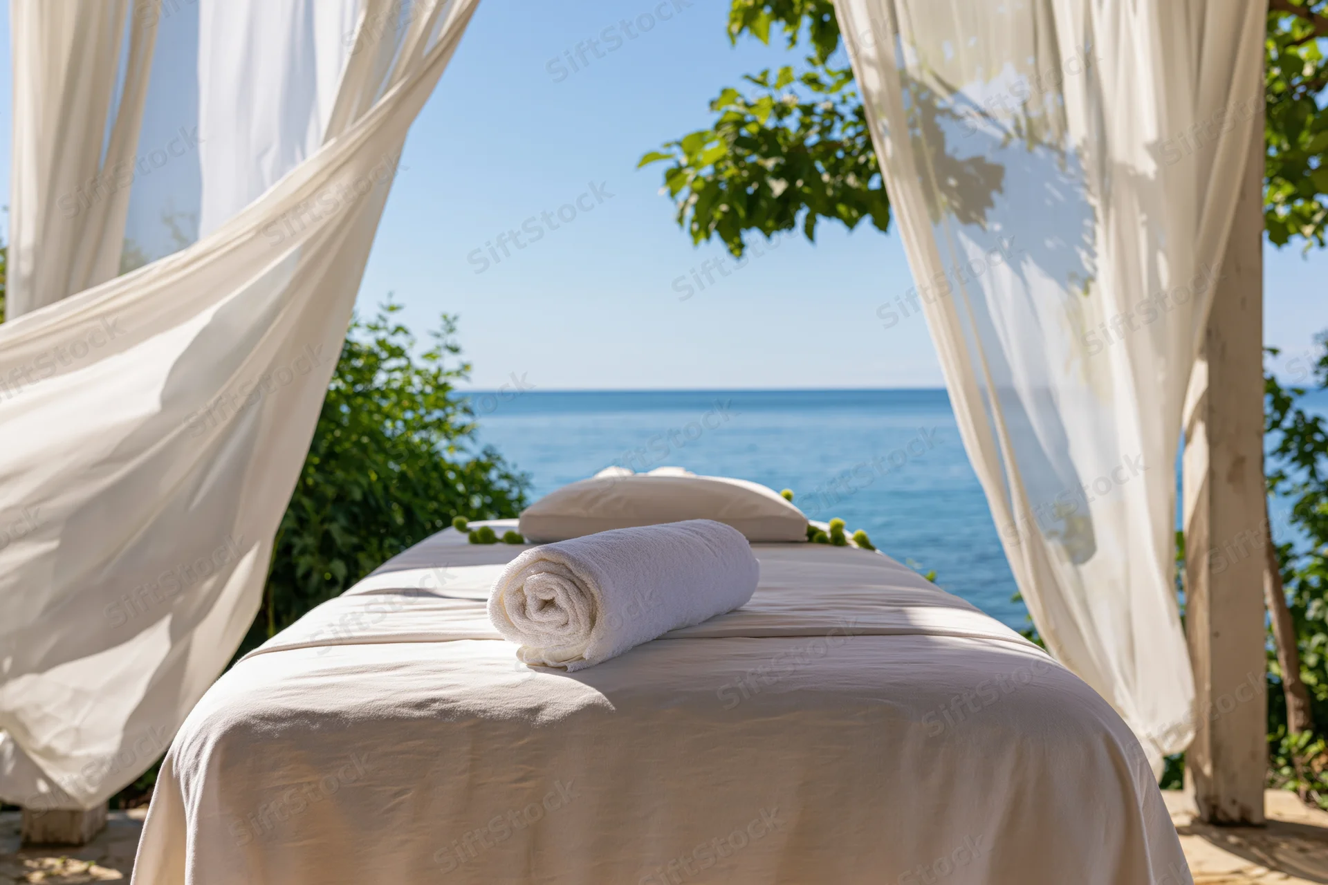 Massage table with rolled white towel under canopy overlooking ocean