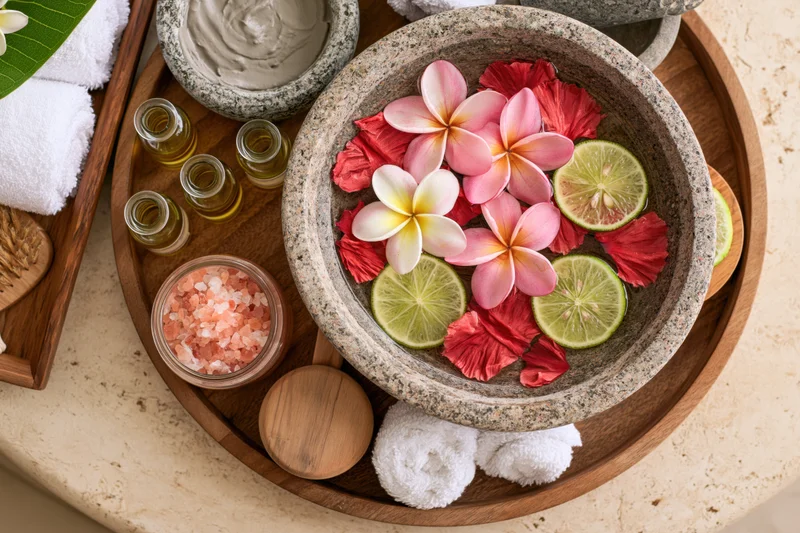 Stone bowl filled with water, floating frangipani flowers and lime slices on wooden tray with towels, salt, oils and tools for spa treatment