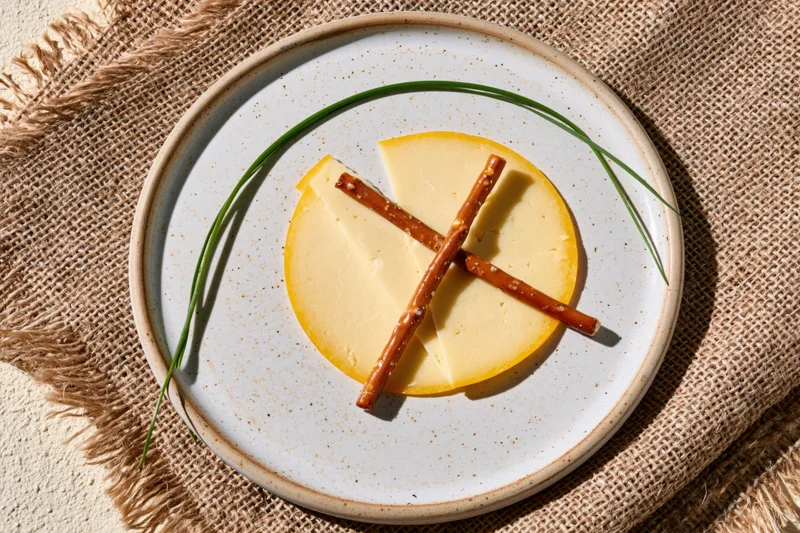 Round white speckled ceramic plate with cheese slices, crossed pretzels and chives on burlap textile