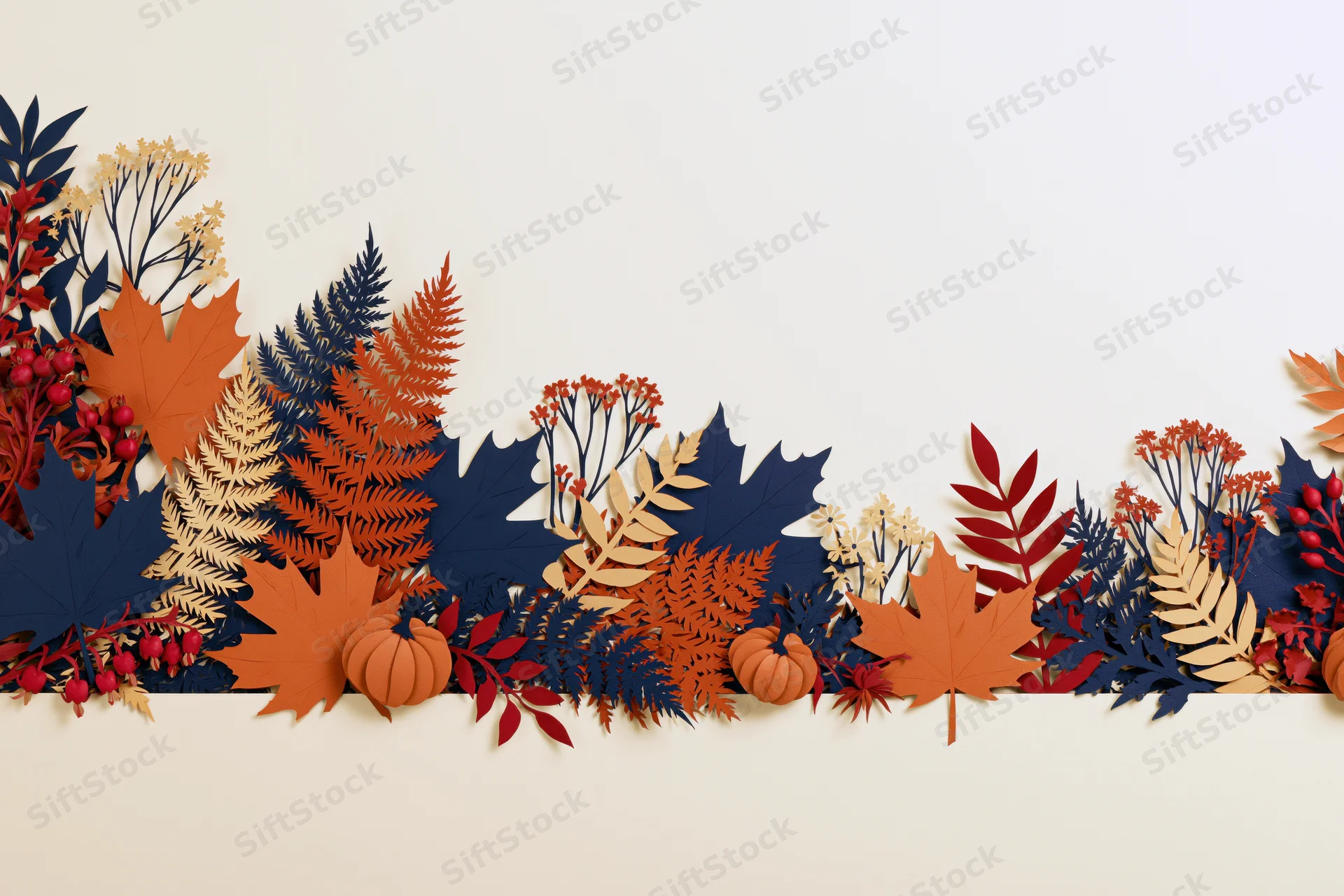 Paper-cut autumn botanical arrangement with maple leaves, ferns, pumpkins and berries in flat lay style against white background