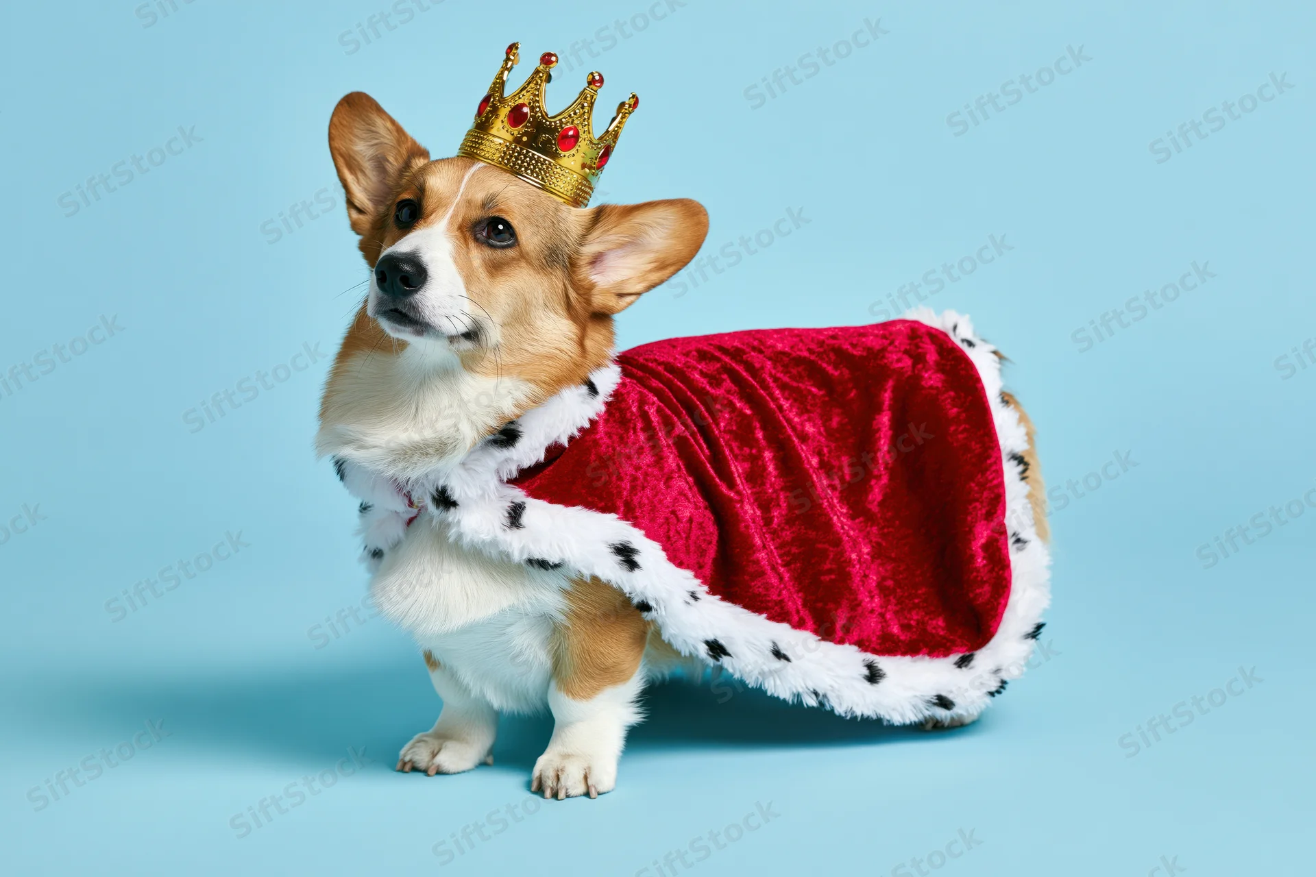 Pembrowelshcorgi wearing a gold crown and red velvet cape standing on a blue background
