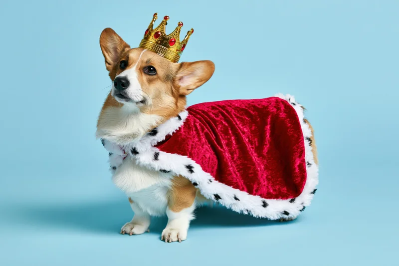 Pembrowelshcorgi wearing a gold crown and red velvet cape standing on a blue background