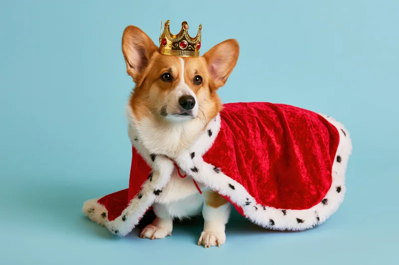Pembroke welsh corgi wearing a gold crown and red velvet cape with white fur trim, sitting still against a light blue background