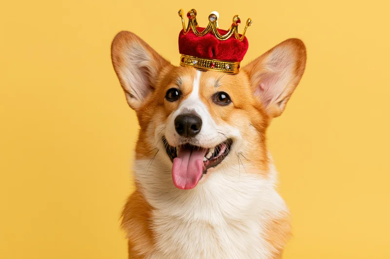 Pembroke welsh corgi wearing a red velvet and gold crown, headshot against yellow background