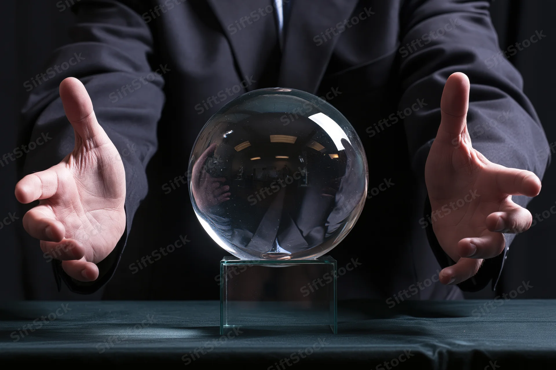 Magician in dark suit with open hands framing a crystal ball on a table