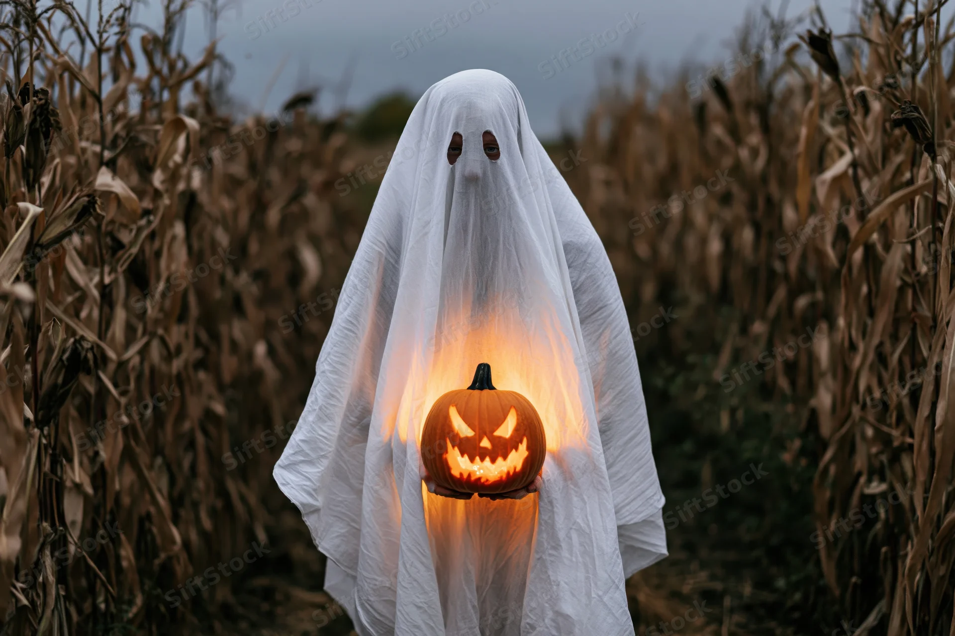 Ghost in white sheet costume holding glowing jack-o-lantern in cornfield