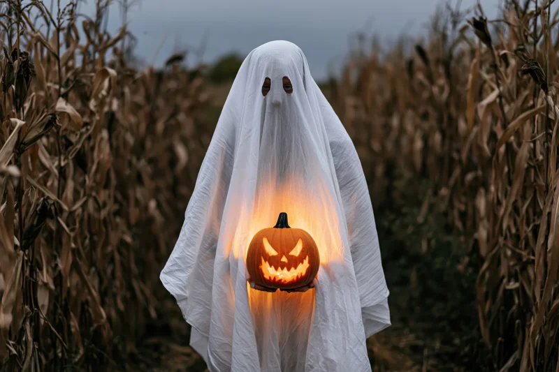 Ghost in white sheet costume holding glowing jack-o-lantern in cornfield