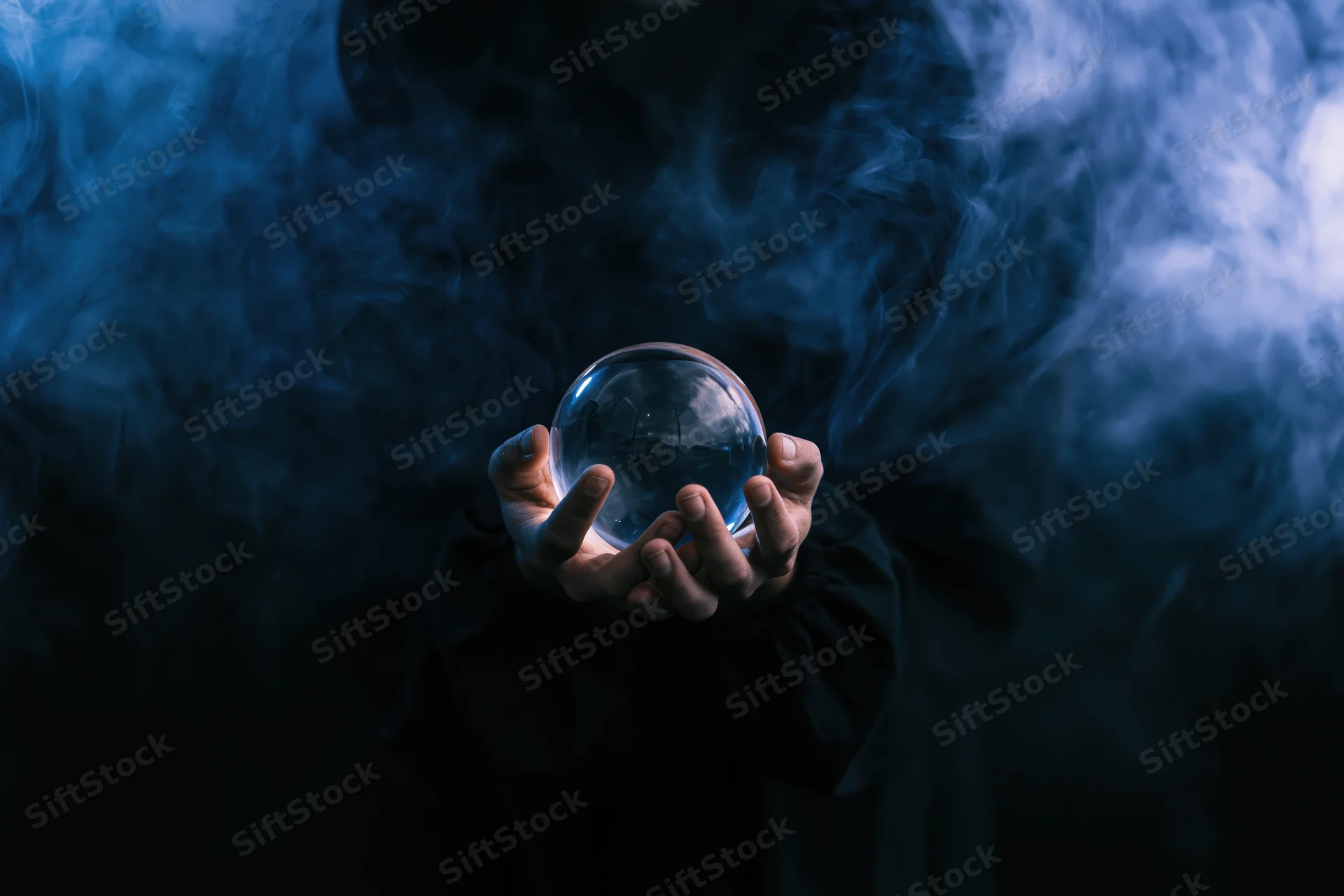 Hands holding a clear glass crystal ball in swirling blue smoke