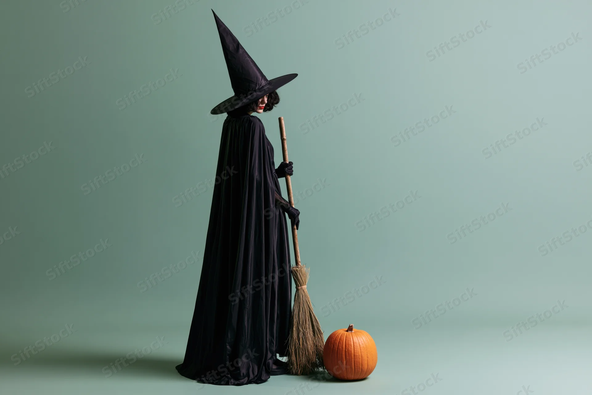 Woman in black witch costume holding broom beside pumpkin in studio