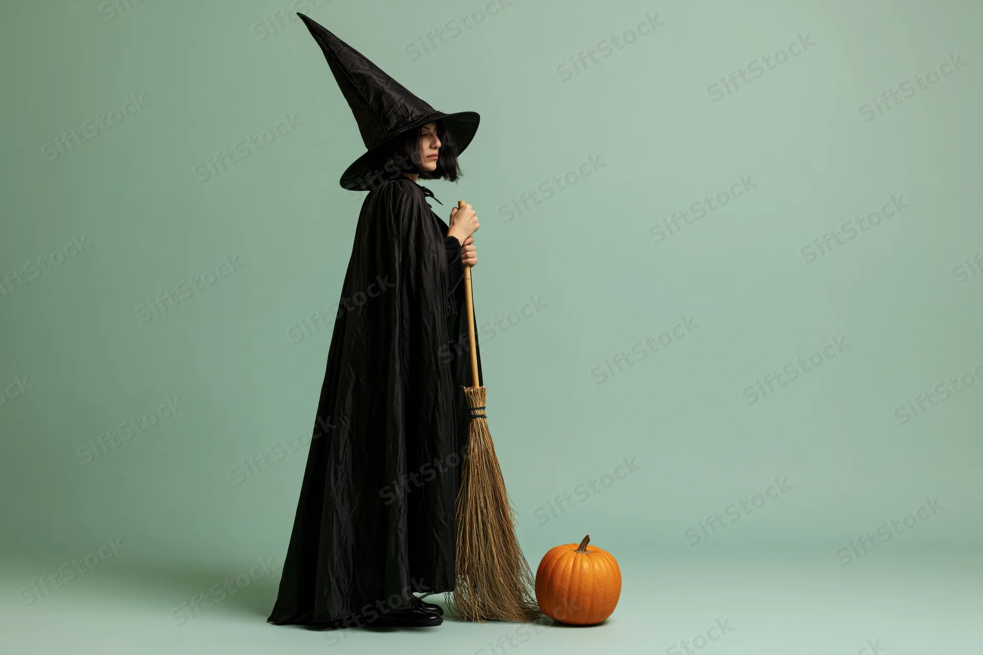 Woman in black witch costume holding broom beside pumpkin in studio