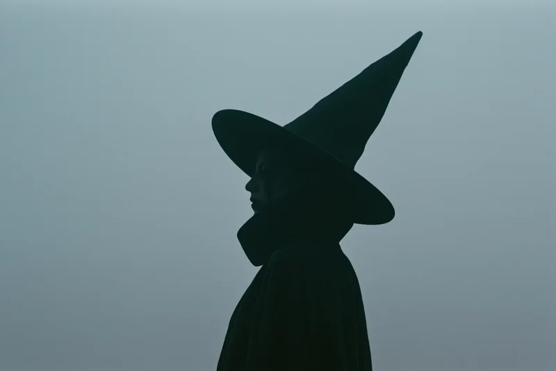 Silhouette of a woman in a pointed witch hat in profile against a foggy background