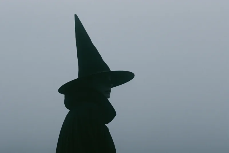 Silhouette of a witch in profile wearing a tall pointed hat and dark cloak against a foggy gray sky