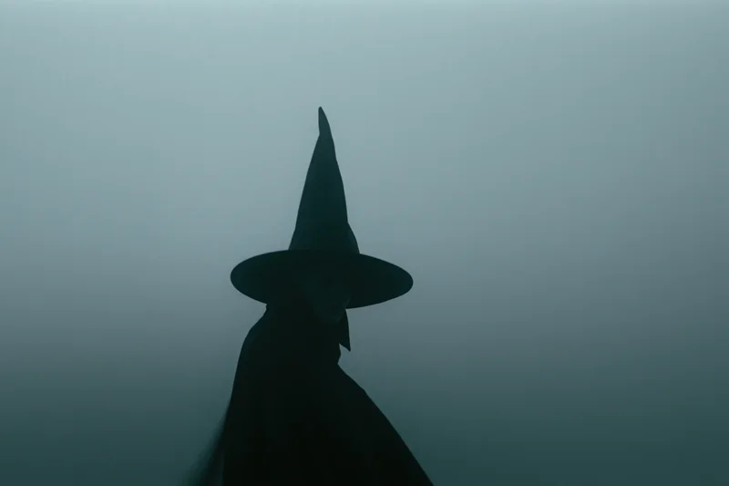 Silhouette of a witch in profile wearing a tall pointed hat in fog
