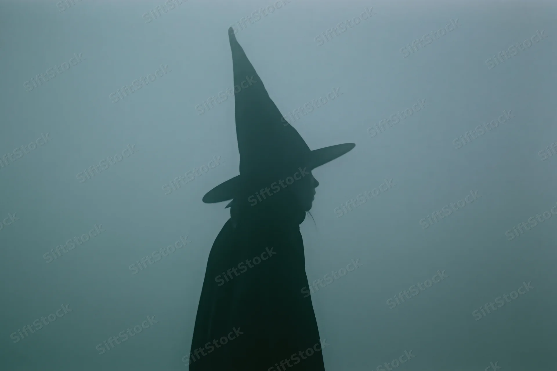 Silhouette of a witch in profile wearing a tall pointed hat and dark cloak in fog