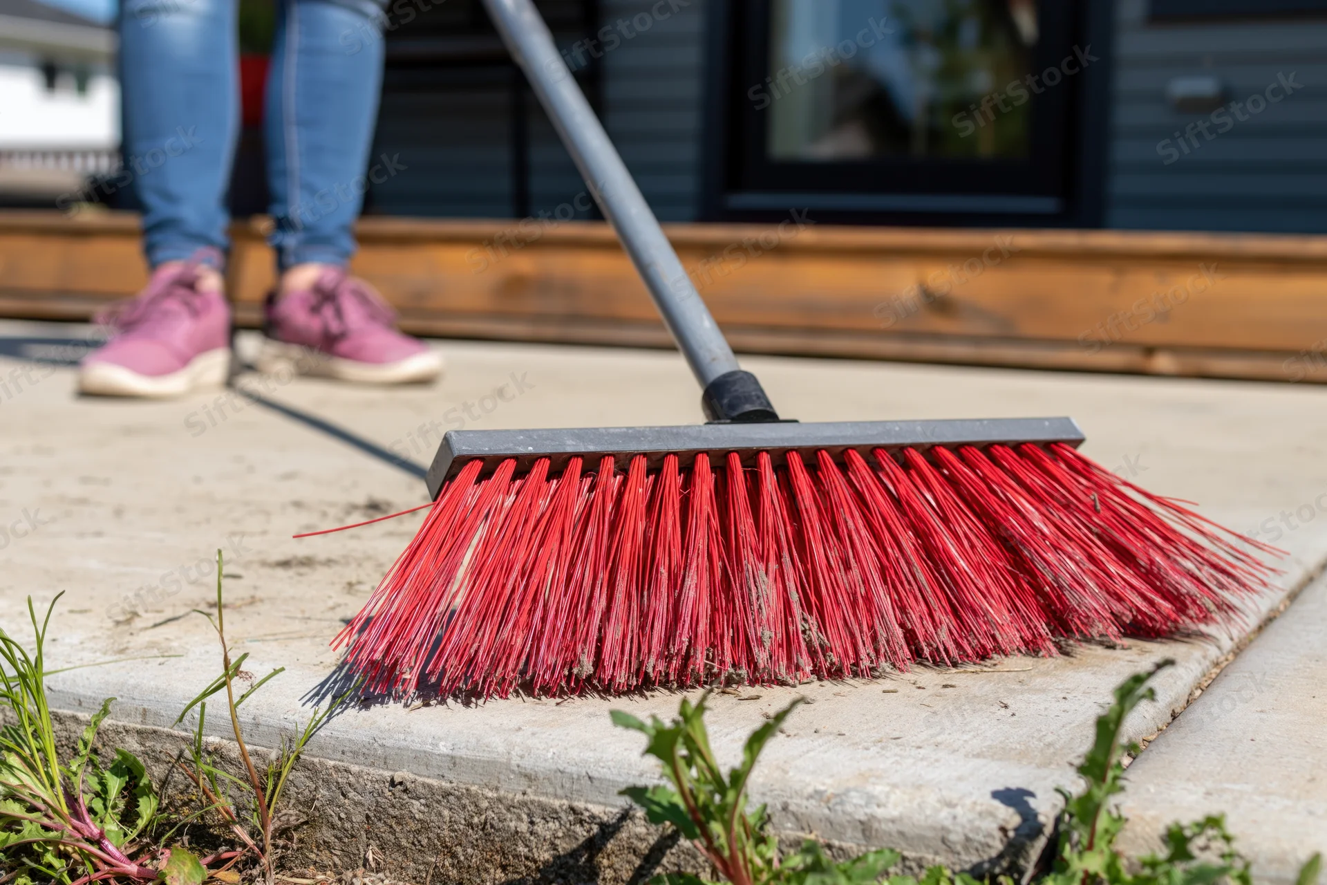Woman sweeping concrete patio with red-bristled broom outdoors