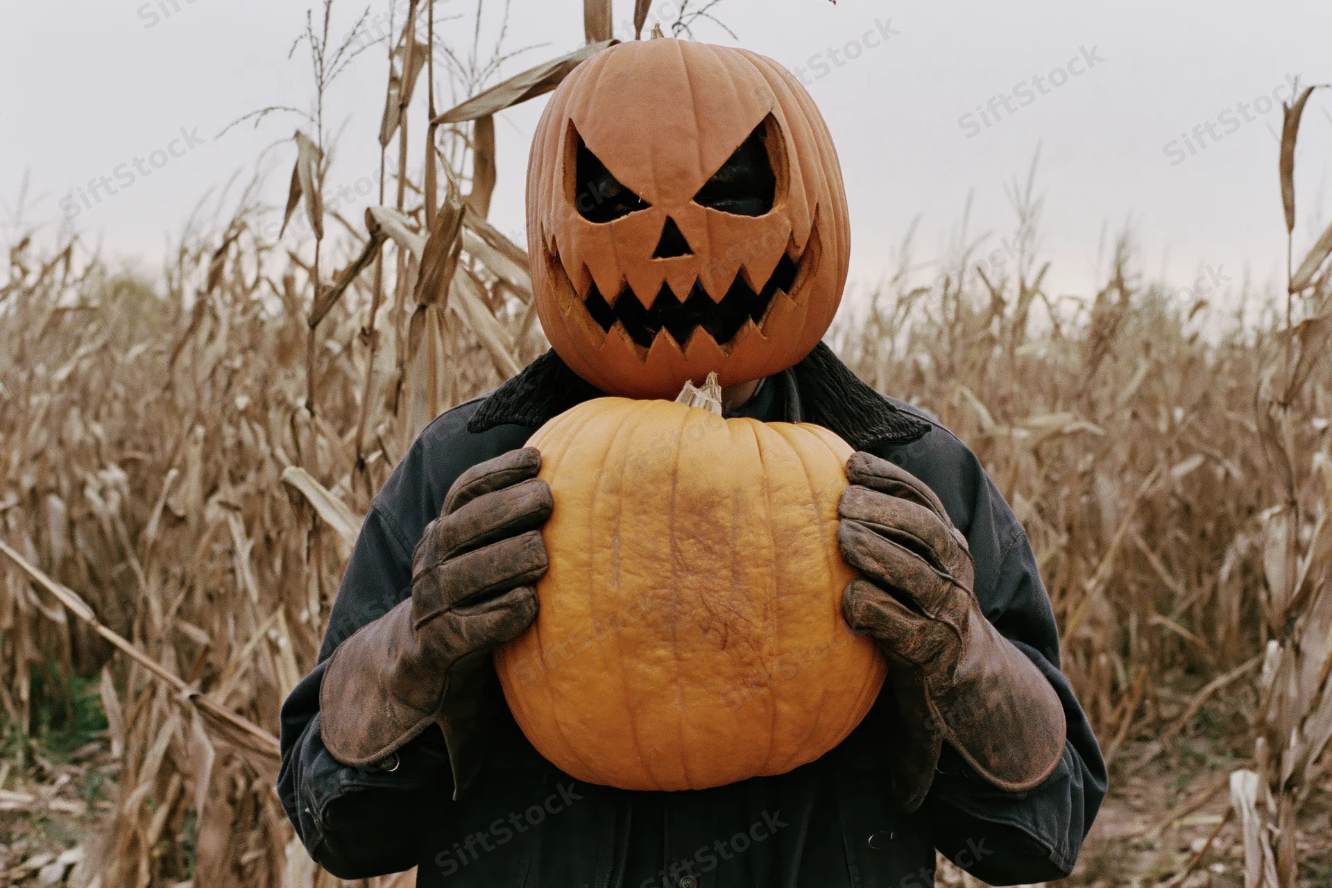 Person wearing carved pumpkin mask holding another pumpkin in a cornfield