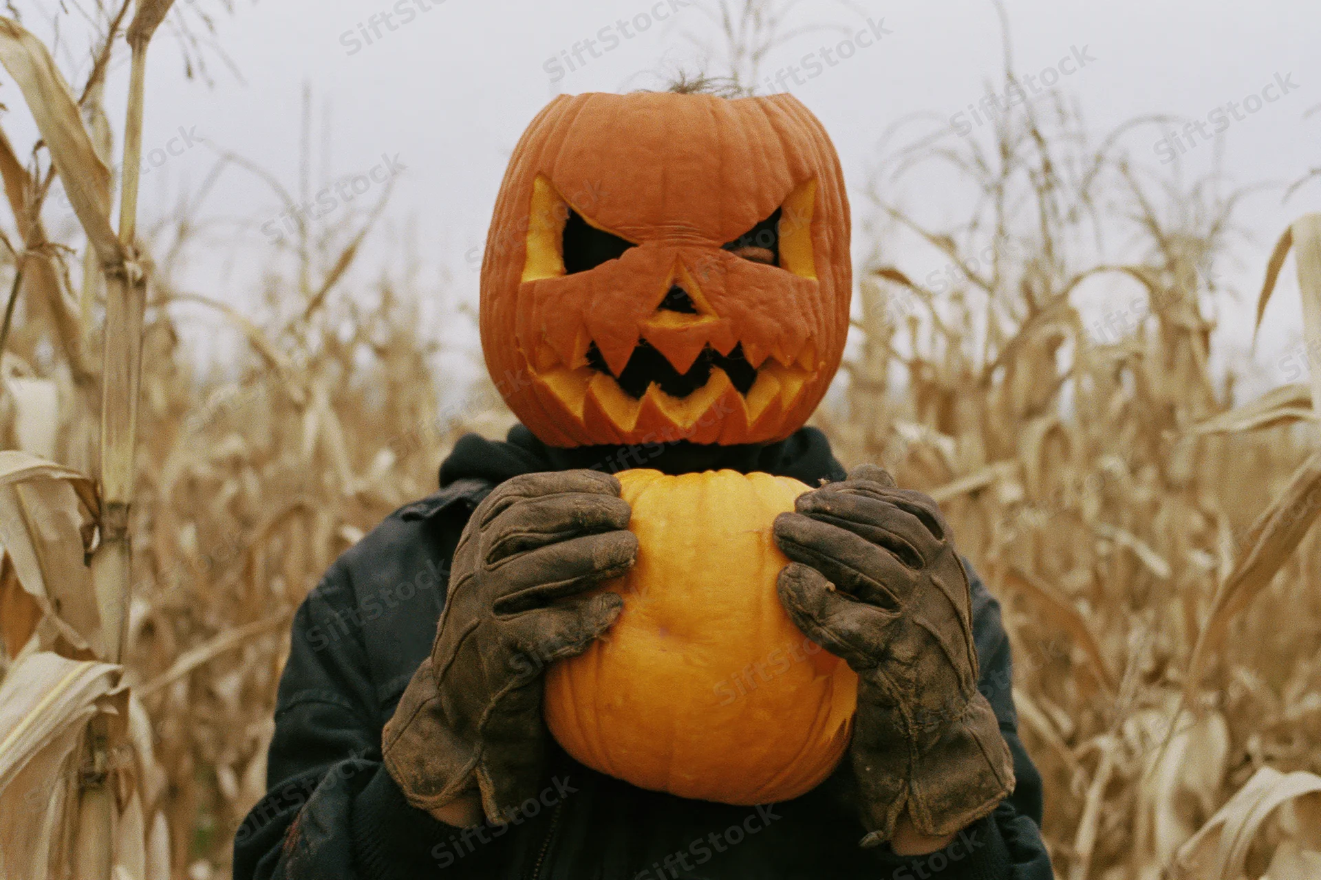 Person wearing carved pumpkin mask holding small pumpkin in cornfield