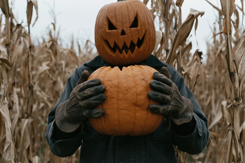 Person wearing carved pumpkin mask holding another pumpkin in a dried cornfield