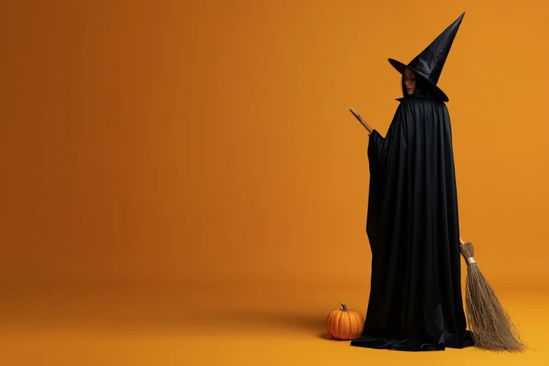 Woman in black witch costume with broom and pumpkin on orange background