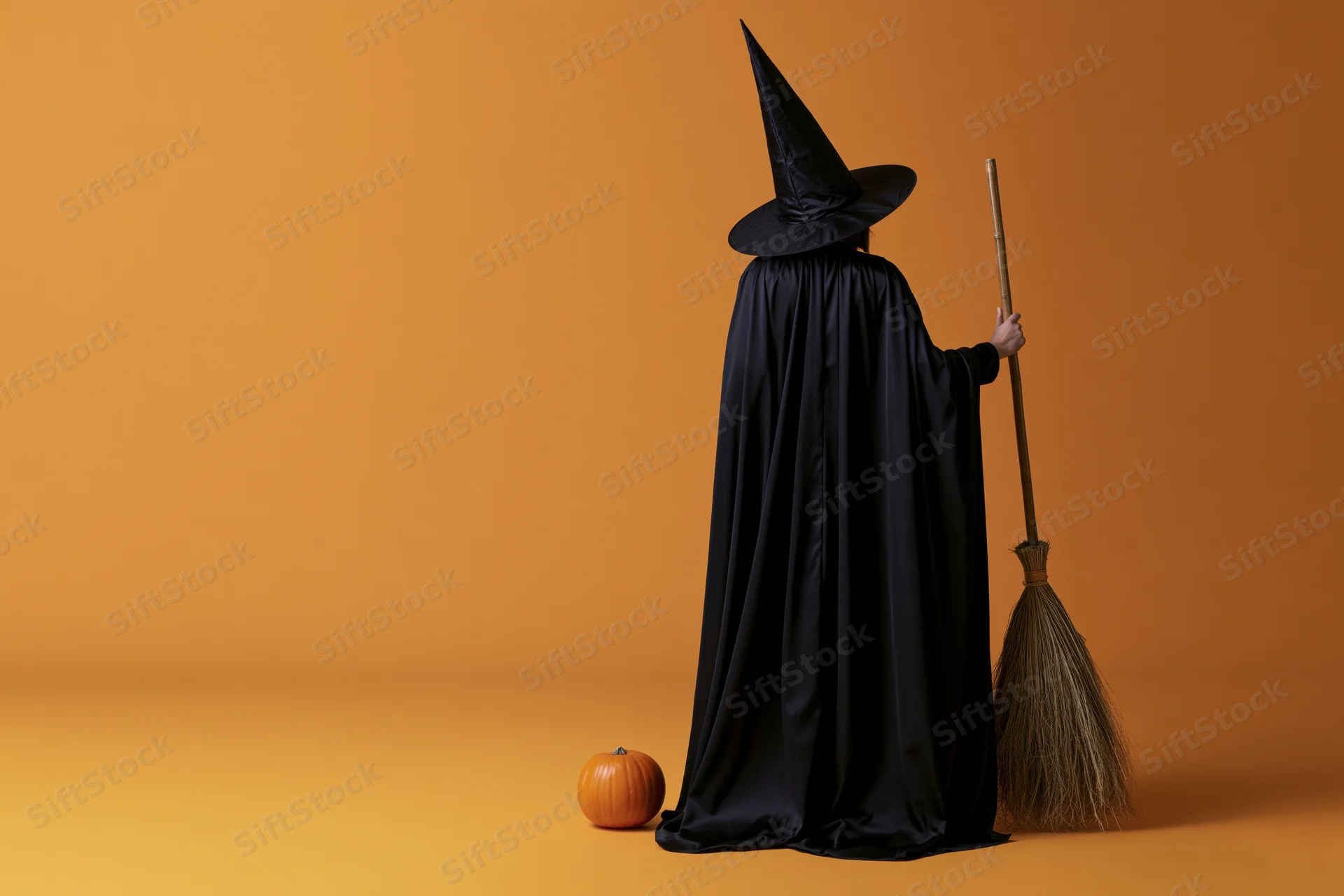 Witch in black cape holding broom beside pumpkin on orange background