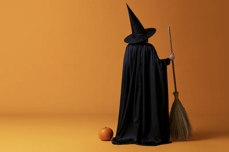 Witch in black cape holding broom beside pumpkin on orange background