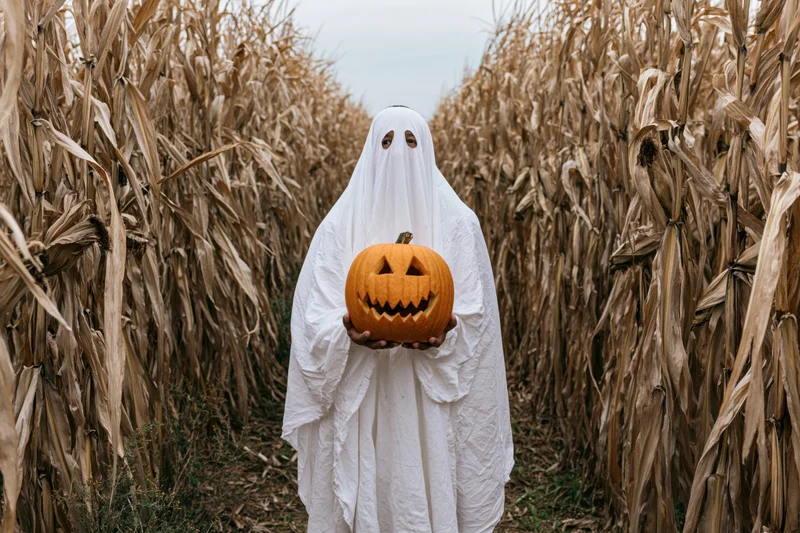 Ghost in white sheet costume holding carved pumpkin in cornfield pathway