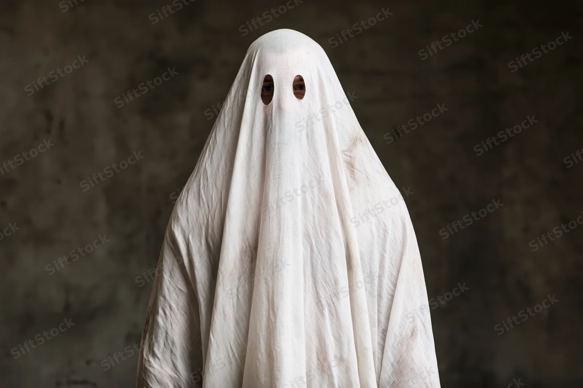 Person in worn white sheet ghost costume with eye holes against dark textured wall
