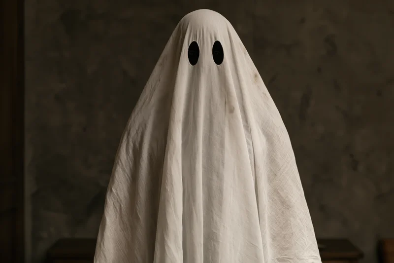 Person in worn white sheet ghost costume with cutout eyes standing indoors against dark textured wall