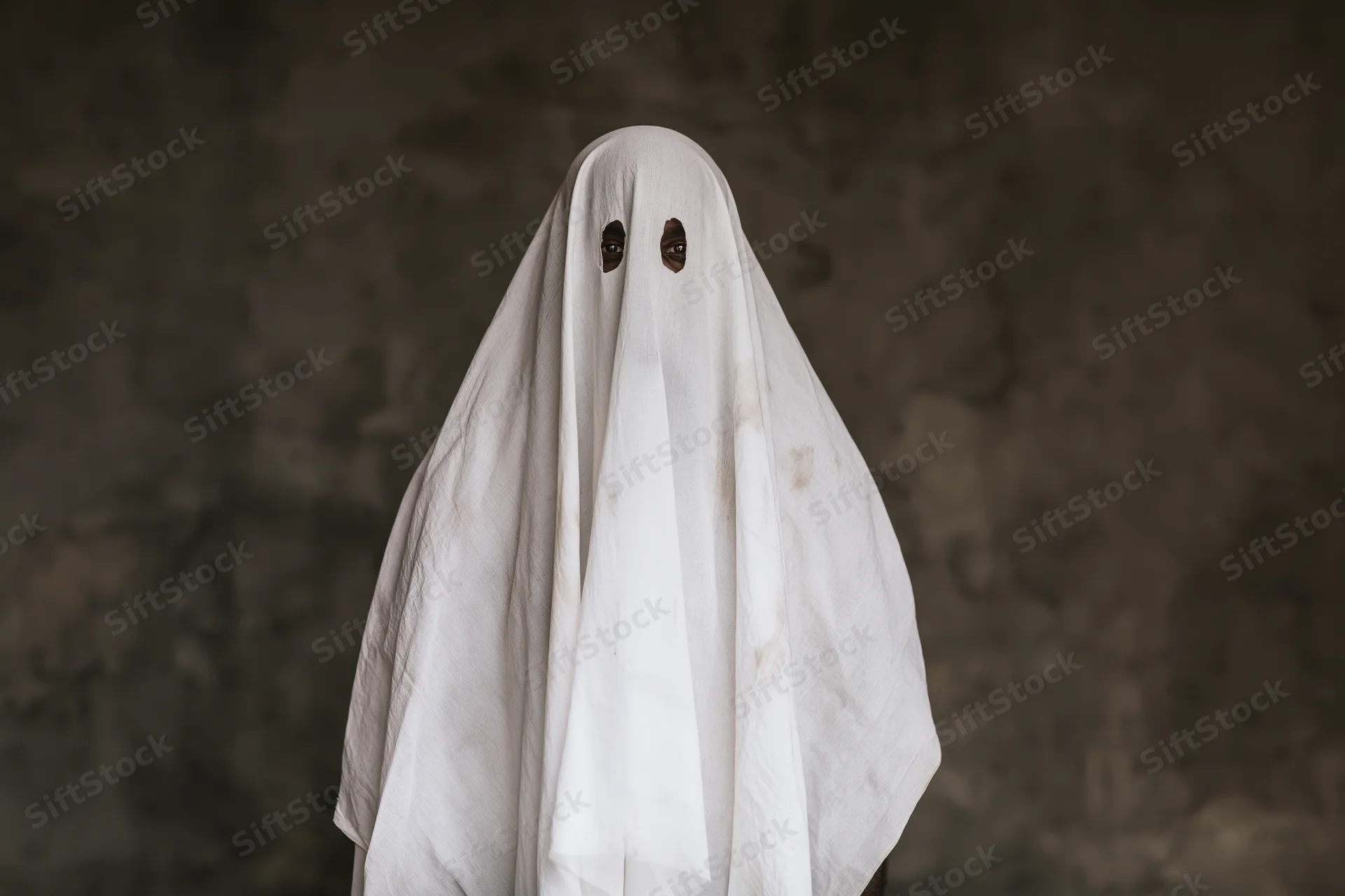 Person in worn white sheet ghost costume with eye cutouts standing against dark background