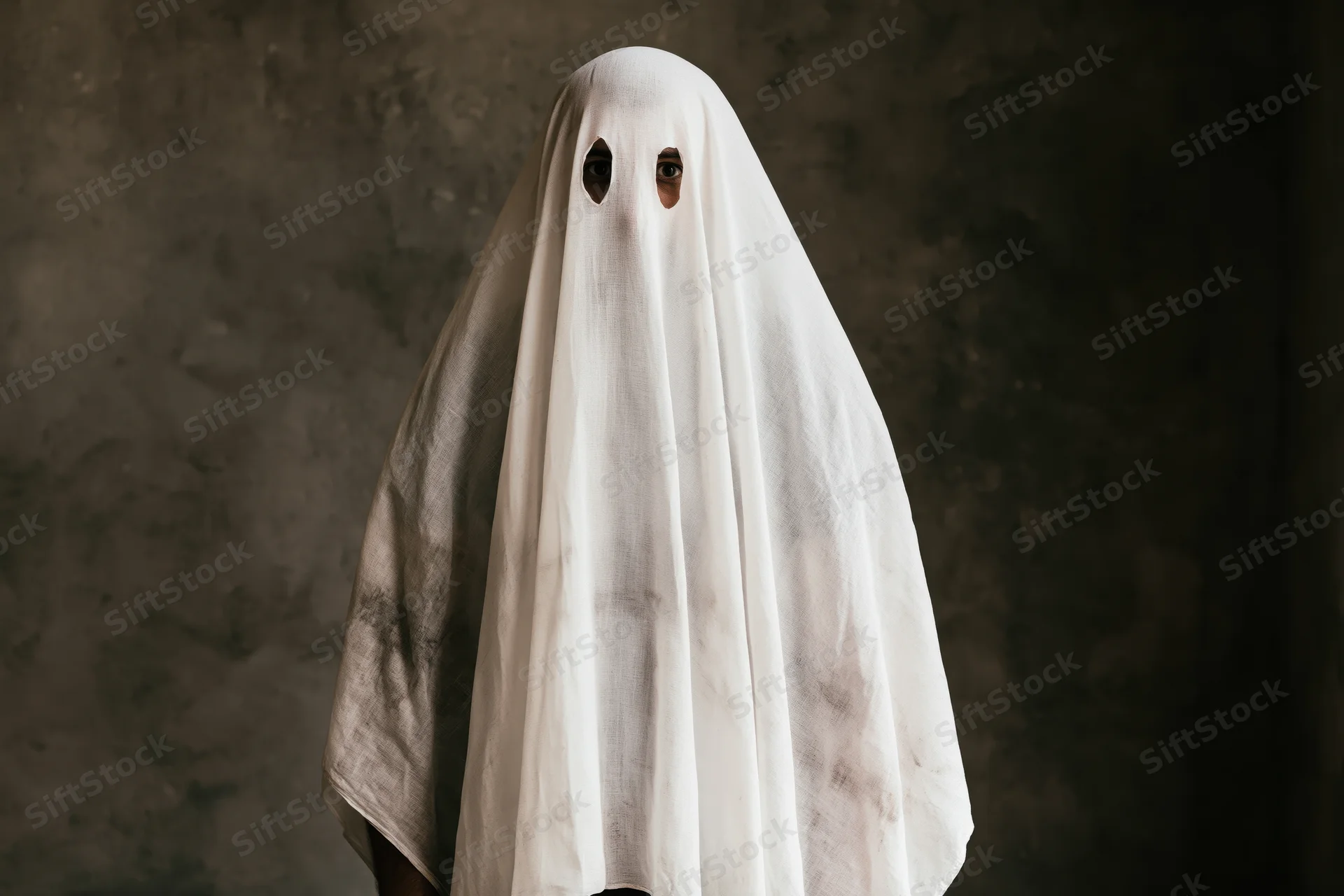 Person in worn white sheet ghost costume with eye holes against dark textured wall