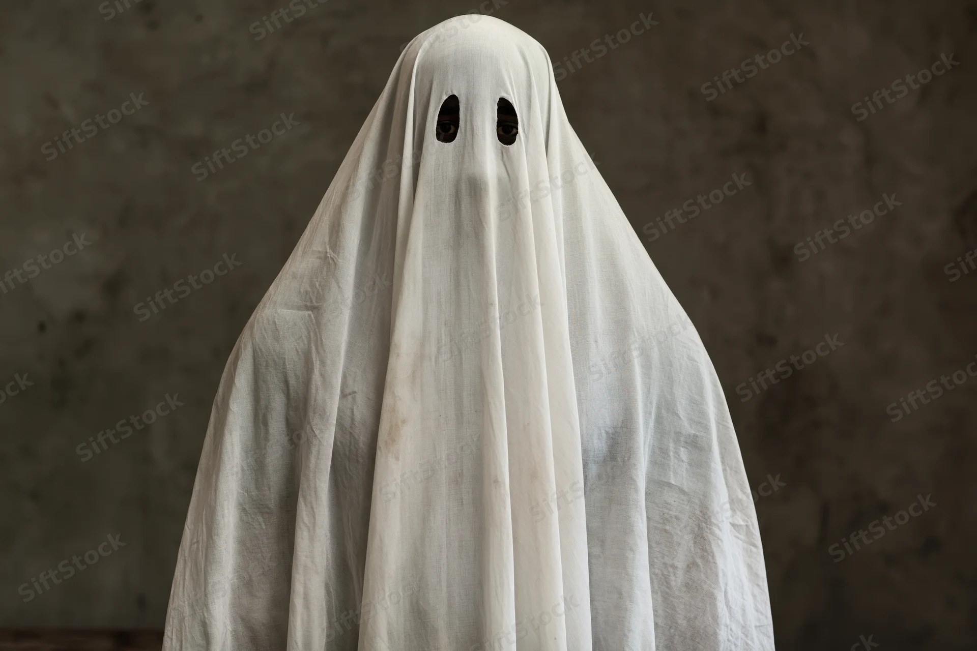 Person in worn white sheet ghost costume with eye holes against dark textured wall