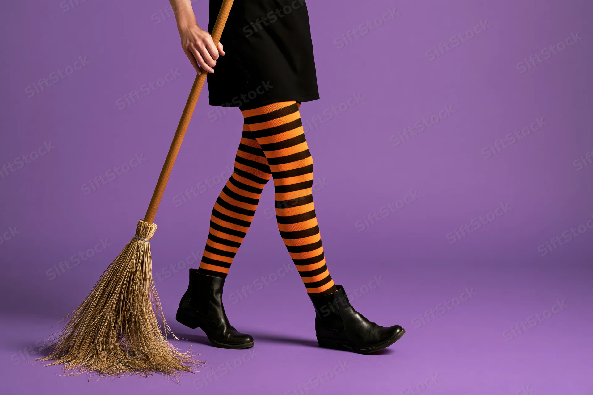 Woman’s legs in striped tights and boots holding a broom against purple background