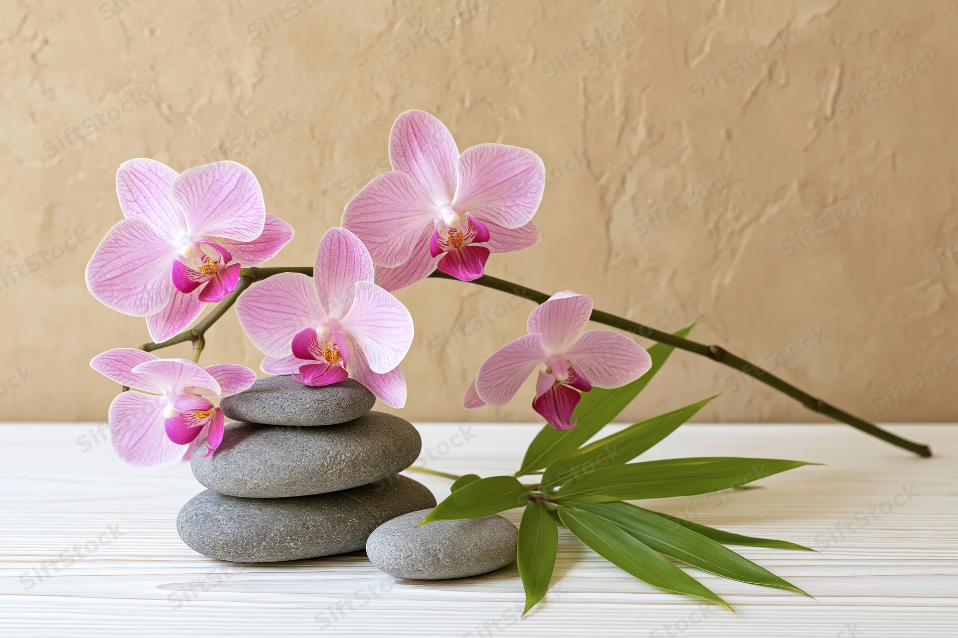 Pink phalaenopsis orchid stem arching over stacked stones with bamboo leaves on white wooden table