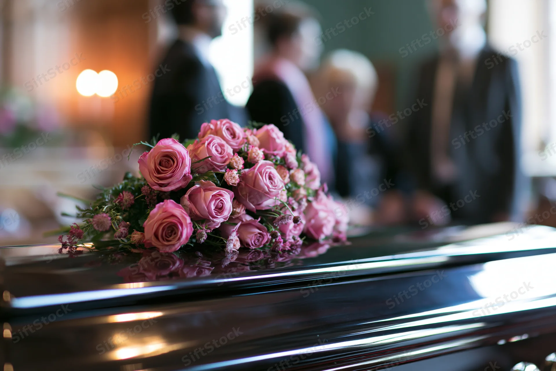 Pink roses and small flowers arranged on a dark polished coffin during a funeral service with blurred attendees in the background