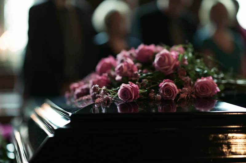 Pink roses and small flowers arranged on a dark polished coffin at a funeral ceremony