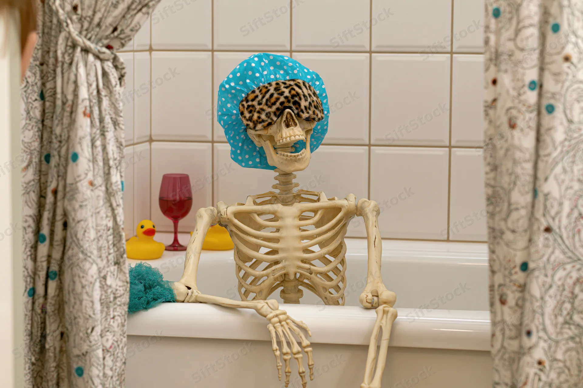 Plastic skeleton wearing blue polka-dot showercap and leopard mask sitting in white bathtub with rubber duck and wine glass nearby