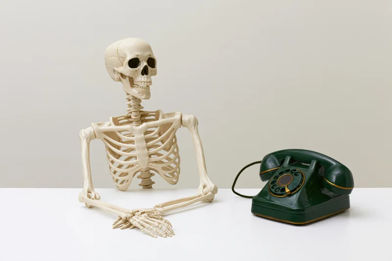 Plastic anatomical skeleton model sitting beside a vintage green rotary telephone on a white table in studio setting