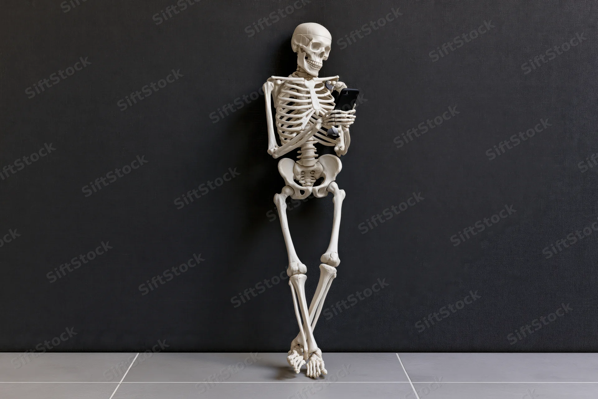 Anatomical skeleton model leaning against dark wall holding smartphone